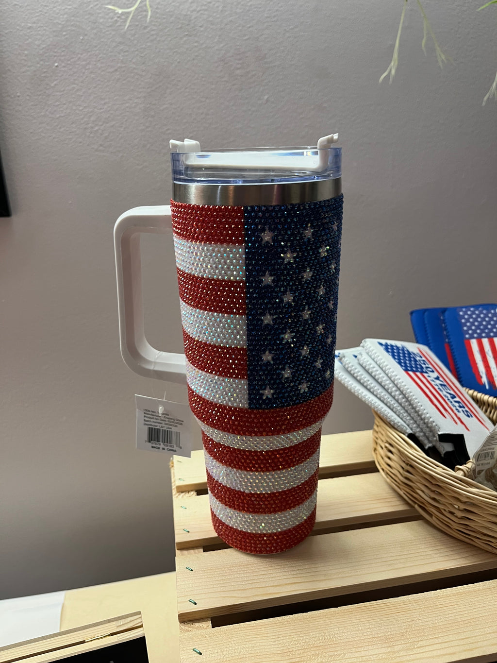 Patriotic Rhinestone American Flag Tumbler with Handle