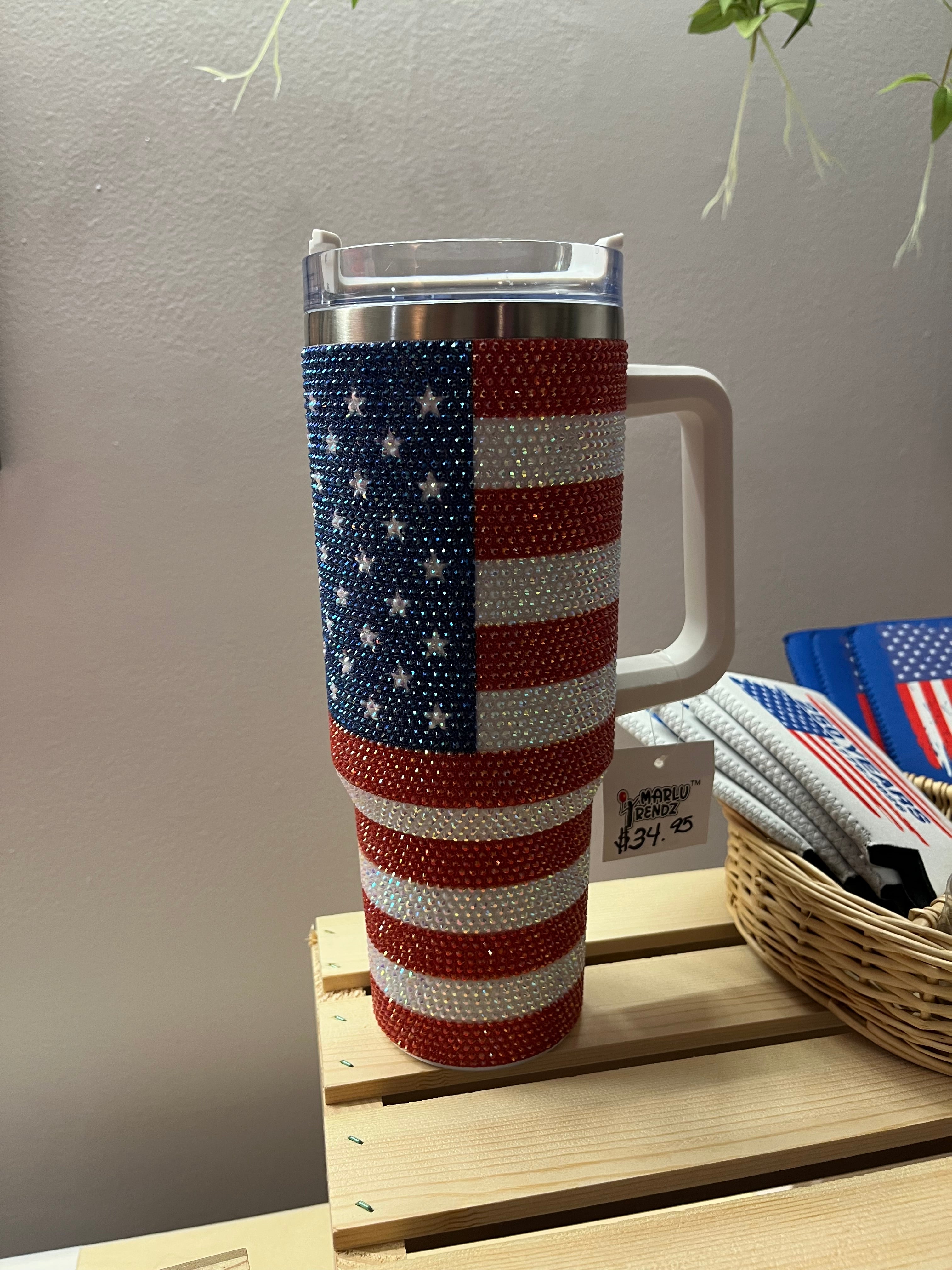 Patriotic Rhinestone American Flag Tumbler with Handle
